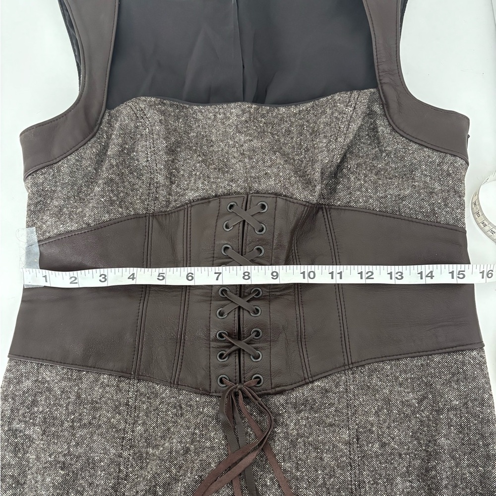 Y2K Bebe Dress Sz 10 Wool Blend Tweed Leather Corset Detail Lace Up Bodycon Slit - Picture 7 of 16